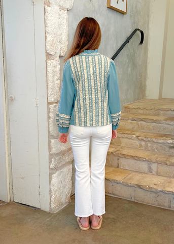 Kirsten Embroidered Lace Stripe Long Sleeve Top in Sky