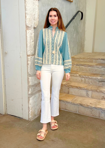 Kirsten Embroidered Lace Stripe Long Sleeve Top in Sky