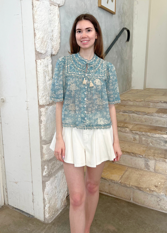 Kirsten Floral Print Half Sleeve Blouse in Sky