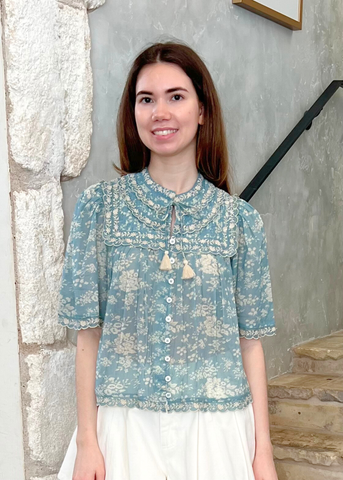 Kirsten Floral Print Half Sleeve Blouse in Sky