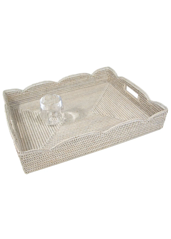 Large Scallop Rattan Cutout Handled Tray in Cream