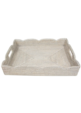 Large Scallop Rattan Cutout Handled Tray in Cream