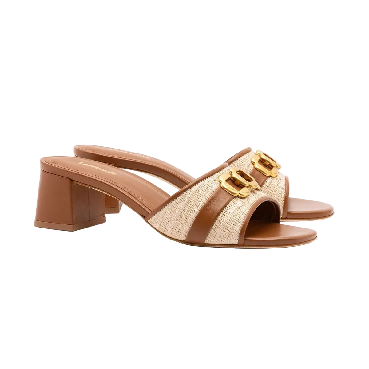 Franca Leather + Raffia Block Heal Sandals In Natural + Caramel