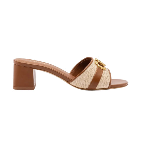 Franca Leather + Raffia Block Heal Sandals In Natural + Caramel