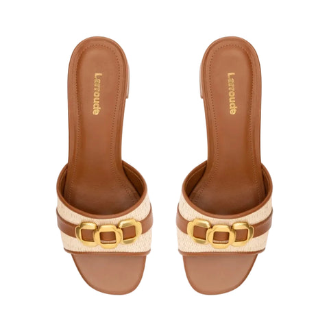 Franca Leather + Raffia Block Heal Sandals In Natural + Caramel