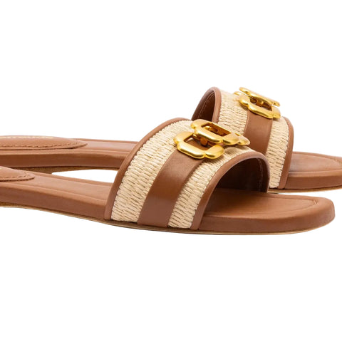 Franca Leather + Raffia Slide Sandal In Natural + Caramel