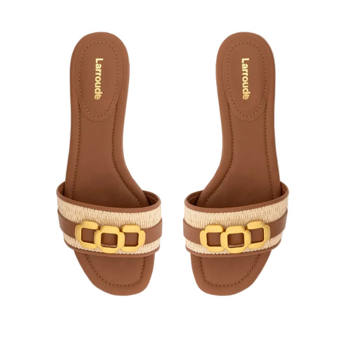 Franca Leather + Raffia Slide Sandal In Natural + Caramel