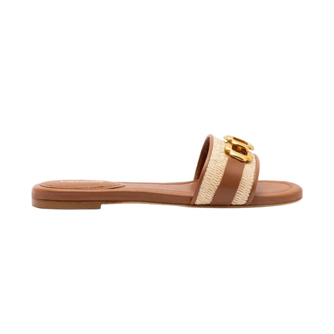 Franca Leather + Raffia Slide Sandal In Natural + Caramel