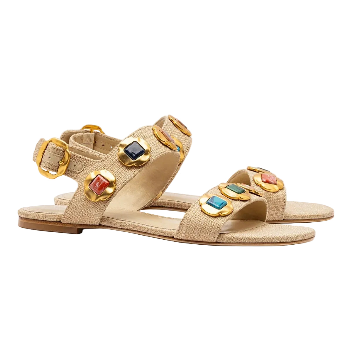 Milan Gioiello Raffia Flat Sandals In Beige