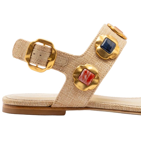 Milan Gioiello Raffia Flat Sandals In Beige