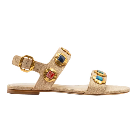 Milan Gioiello Raffia Flat Sandals In Beige