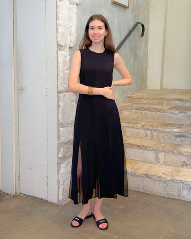Laure Sleeveless Satin Crepe Pleated Midi Dress In Noir