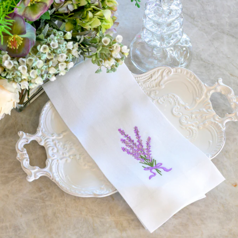 Lavender Bouquet Embroidered Linen Tea Towel
