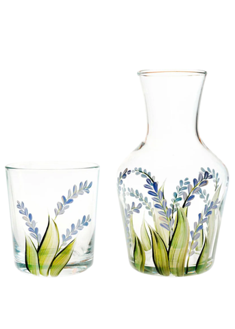 Hand Painted Lavender Glass Carafe + Tumbler Set