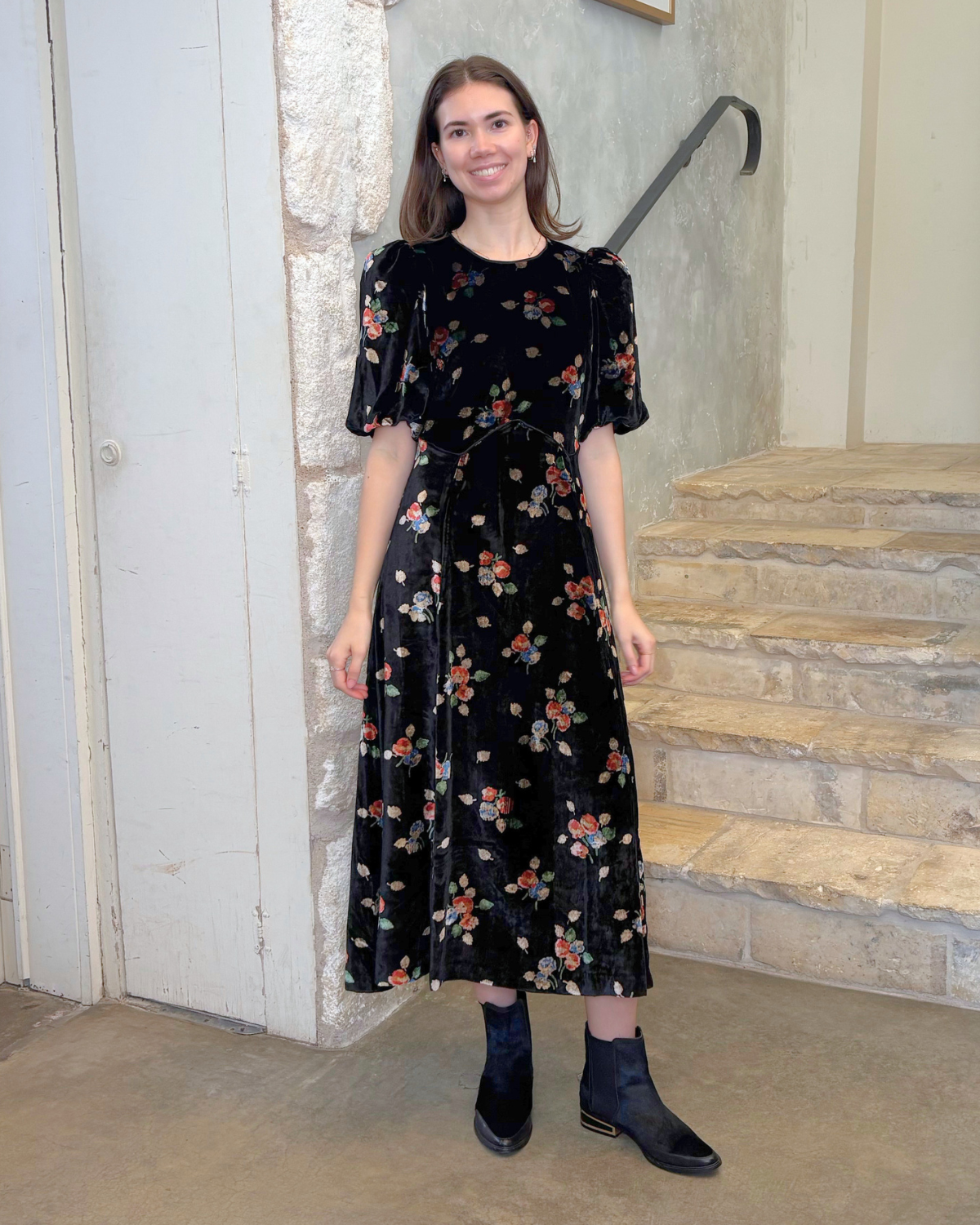 Leda Velvet Puff Sleeve Midi Dress In Black