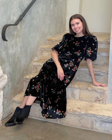 Leda Velvet Puff Sleeve Midi Dress In Black