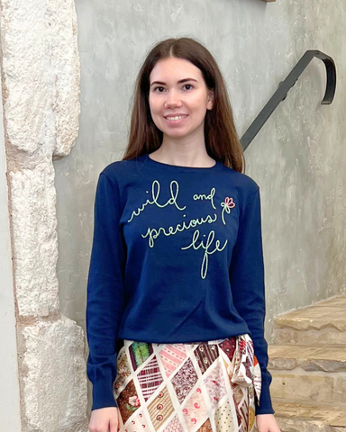 Wild + Precious Cotton/Silk Long Sleeve Crewneck Sweater In Navy