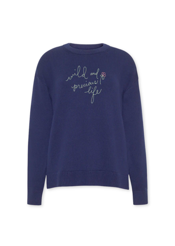 Wild + Precious Cotton/Silk Long Sleeve Crewneck Sweater In Navy