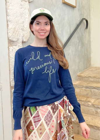 Wild + Precious Cotton/Silk Long Sleeve Crewneck Sweater In Navy