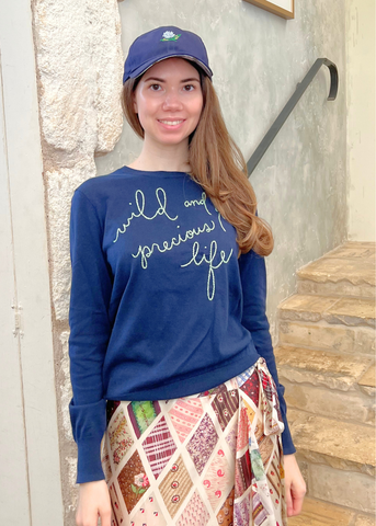 Wild + Precious Cotton/Silk Long Sleeve Crewneck Sweater In Navy