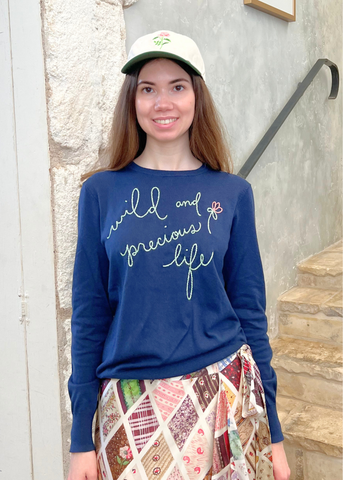 Wild + Precious Cotton/Silk Long Sleeve Crewneck Sweater In Navy