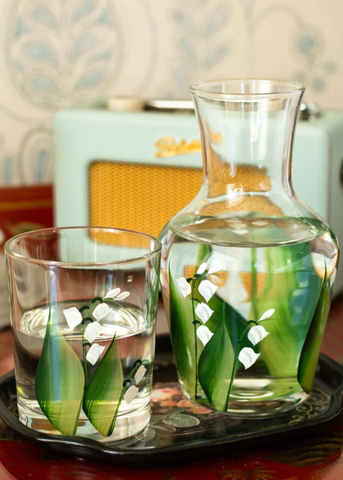 Hand Painted Lily Of The Valley Glass Carafe + Tumbler Set