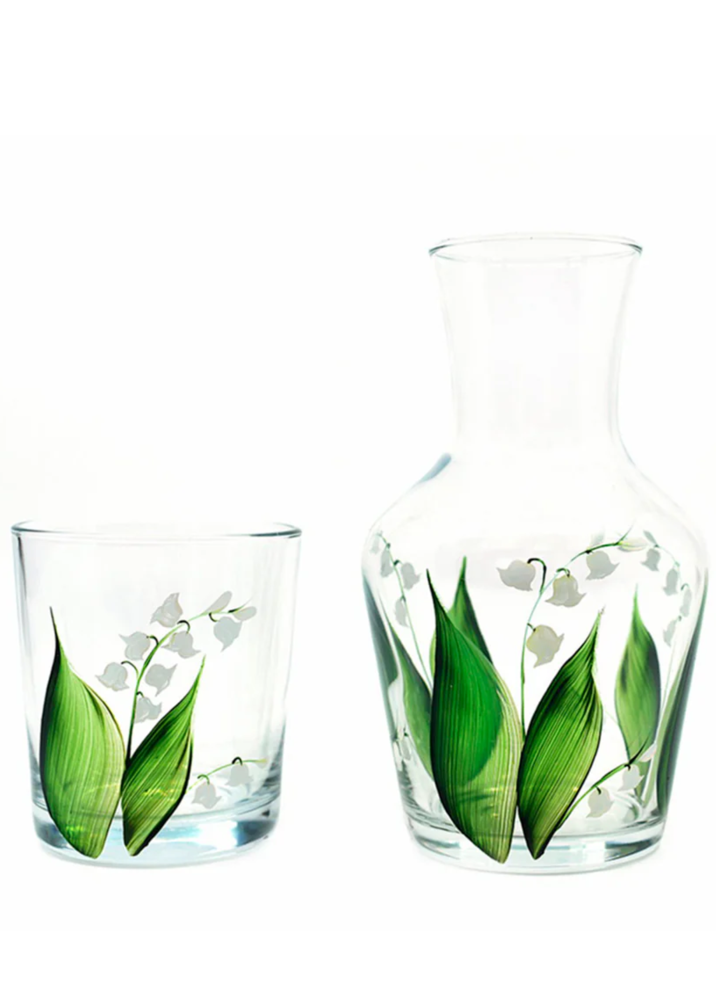 Hand Painted Lily Of The Valley Glass Carafe + Tumbler Set