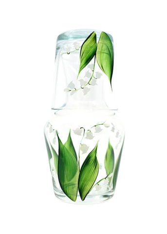 Hand Painted Lily Of The Valley Glass Carafe + Tumbler Set