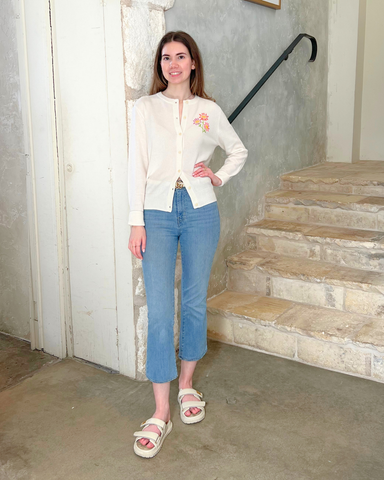 Aster Flower Stitched Classic Cardigan in Cream