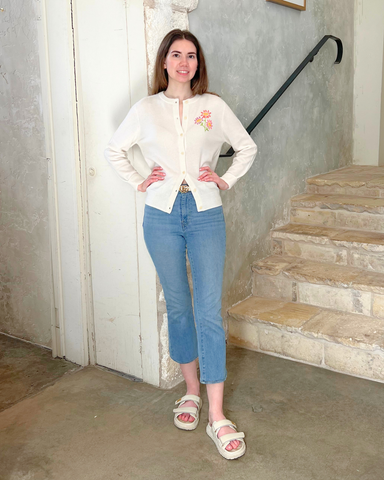 Aster Flower Stitched Classic Cardigan in Cream