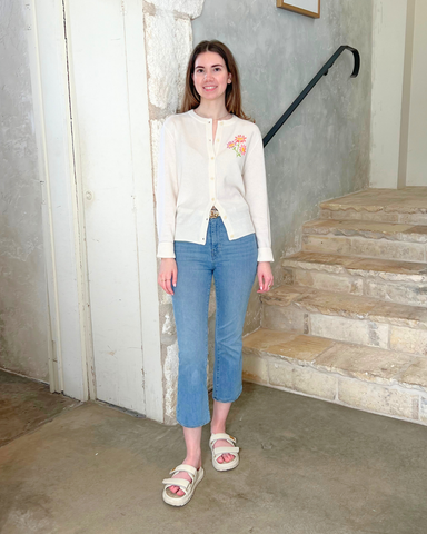 Aster Flower Stitched Classic Cardigan in Cream