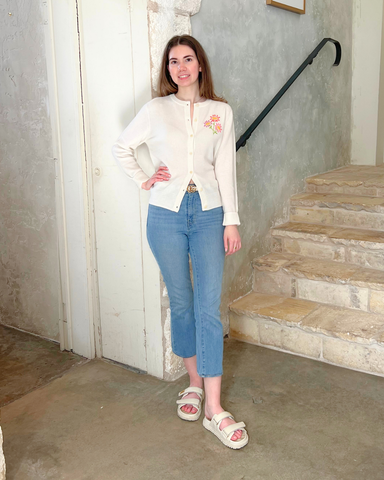 Aster Flower Stitched Classic Cardigan in Cream