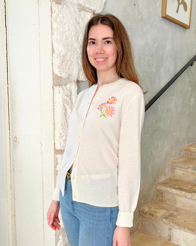 Aster Flower Stitched Classic Cardigan in Cream