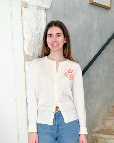 Aster Flower Stitched Classic Cardigan in Cream
