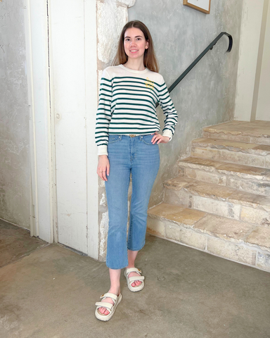 Daisy Graphic Long Sleeve Striped Crewneck Sweater in Hunter Green