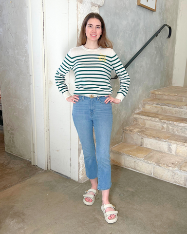 Daisy Graphic Long Sleeve Striped Crewneck Sweater in Hunter Green