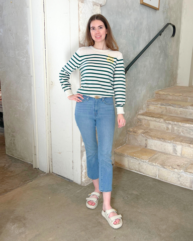 Daisy Graphic Long Sleeve Striped Crewneck Sweater in Hunter Green