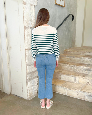 Daisy Graphic Long Sleeve Striped Crewneck Sweater in Hunter Green