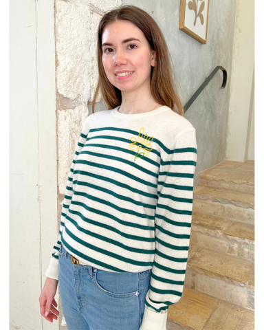 Daisy Graphic Long Sleeve Striped Crewneck Sweater in Hunter Green
