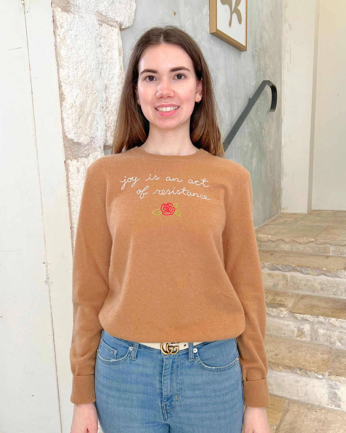 Joy Is An Act Of Resistance Crewneck Sweater in Camel