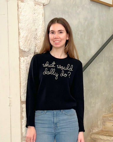 What Would Dolly Do? Long Sleeve Crewneck Sweater in Black