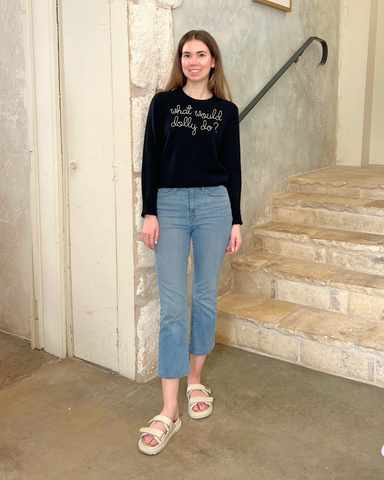 What Would Dolly Do? Long Sleeve Crewneck Sweater in Black