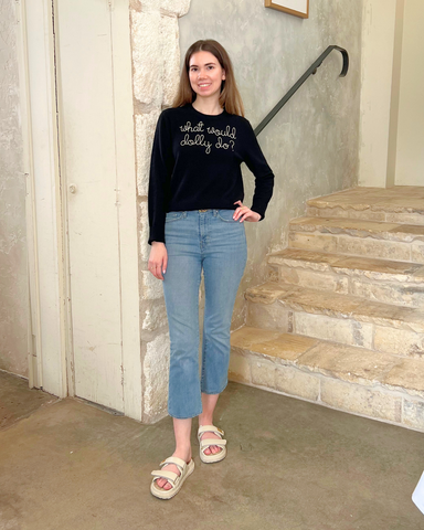 What Would Dolly Do? Long Sleeve Crewneck Sweater in Black