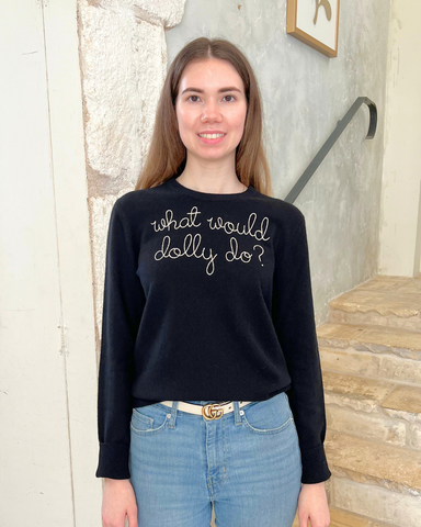 What Would Dolly Do? Long Sleeve Crewneck Sweater in Black