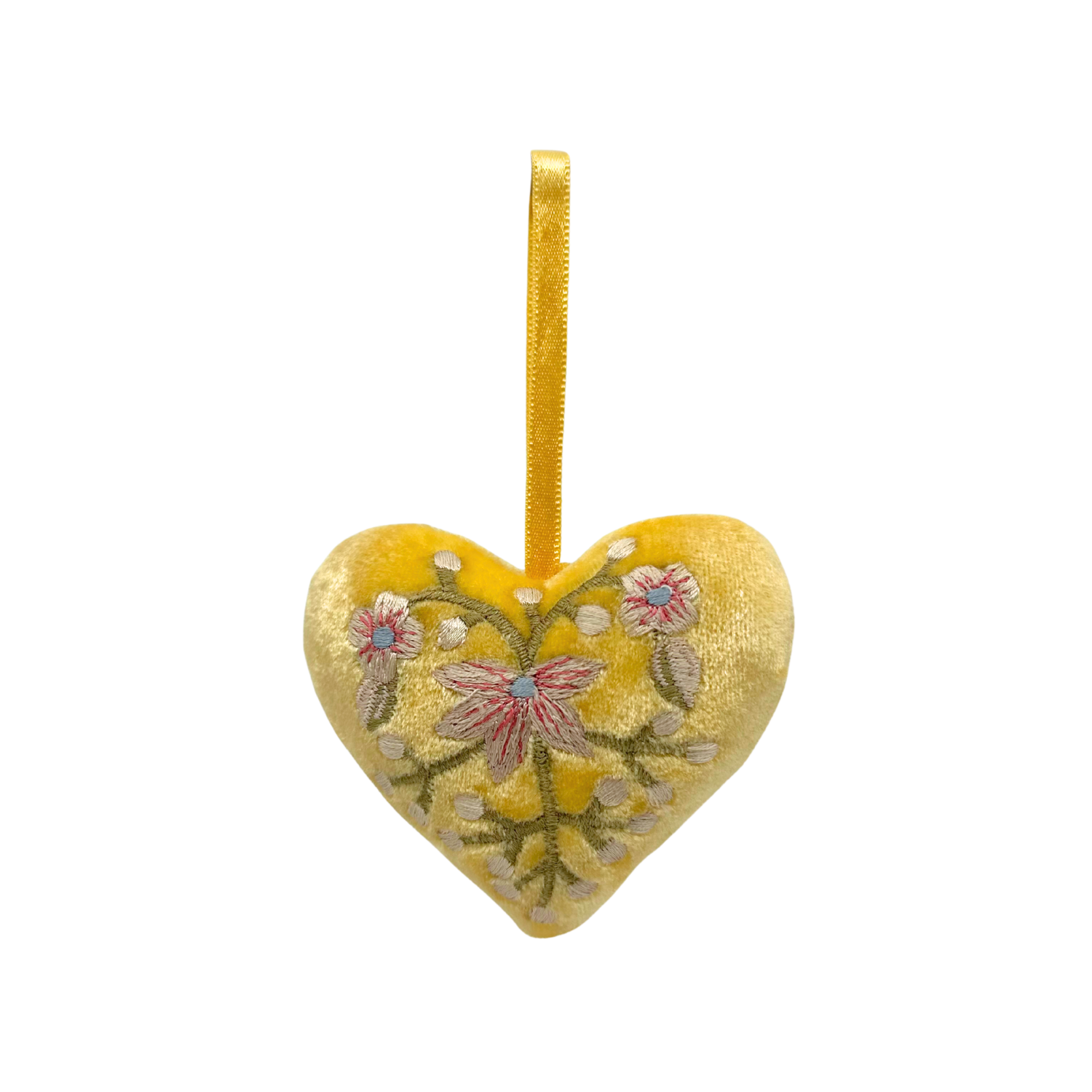 Liza Pink + Green Embroidered Silk Velvet Heart in Corn Yellow