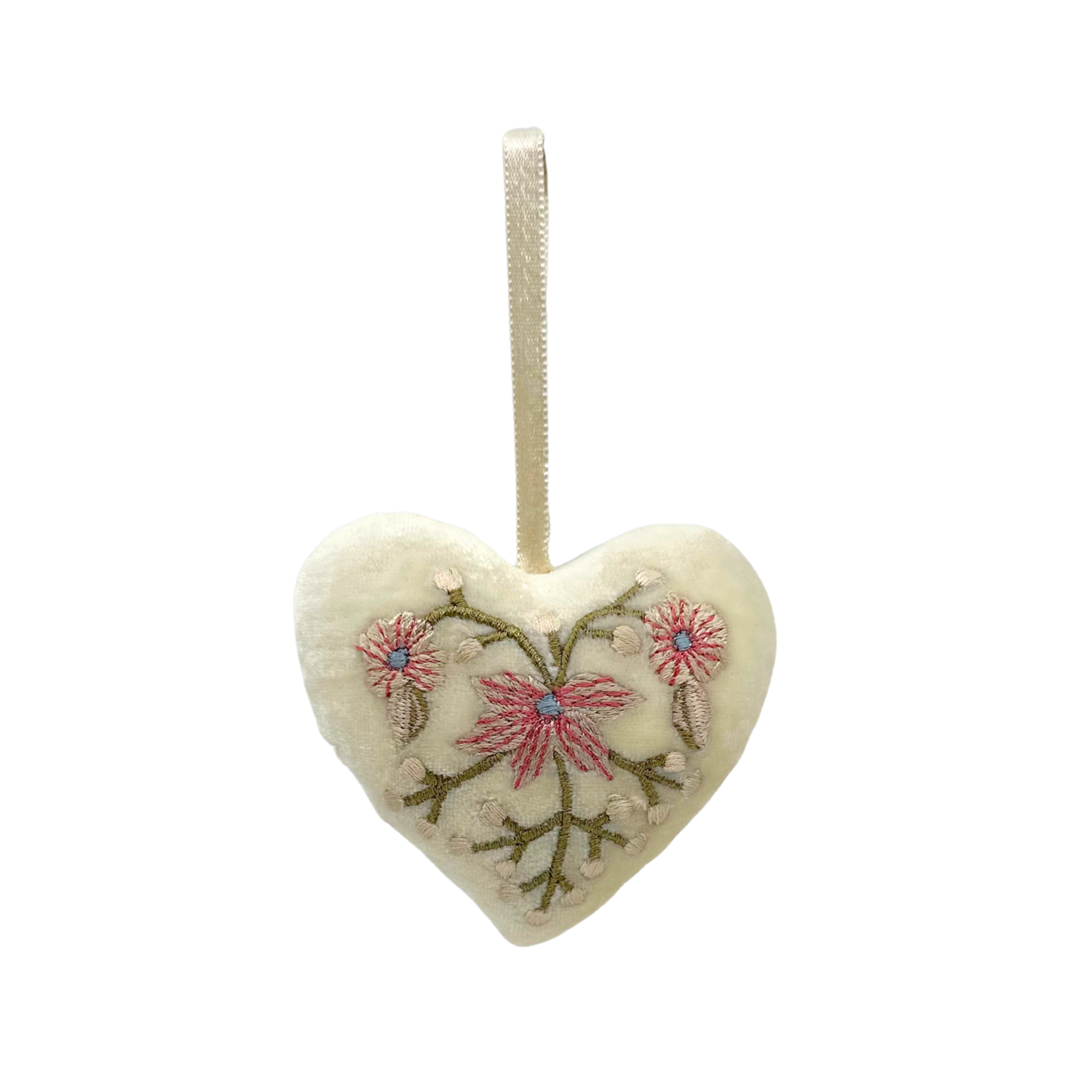 Liza Pink + Green Embroidered Silk Velvet Heart in Ivory