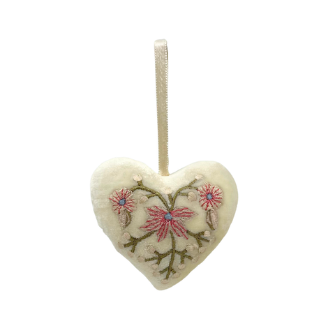 Liza Pink + Green Embroidered Silk Velvet Heart in Ivory