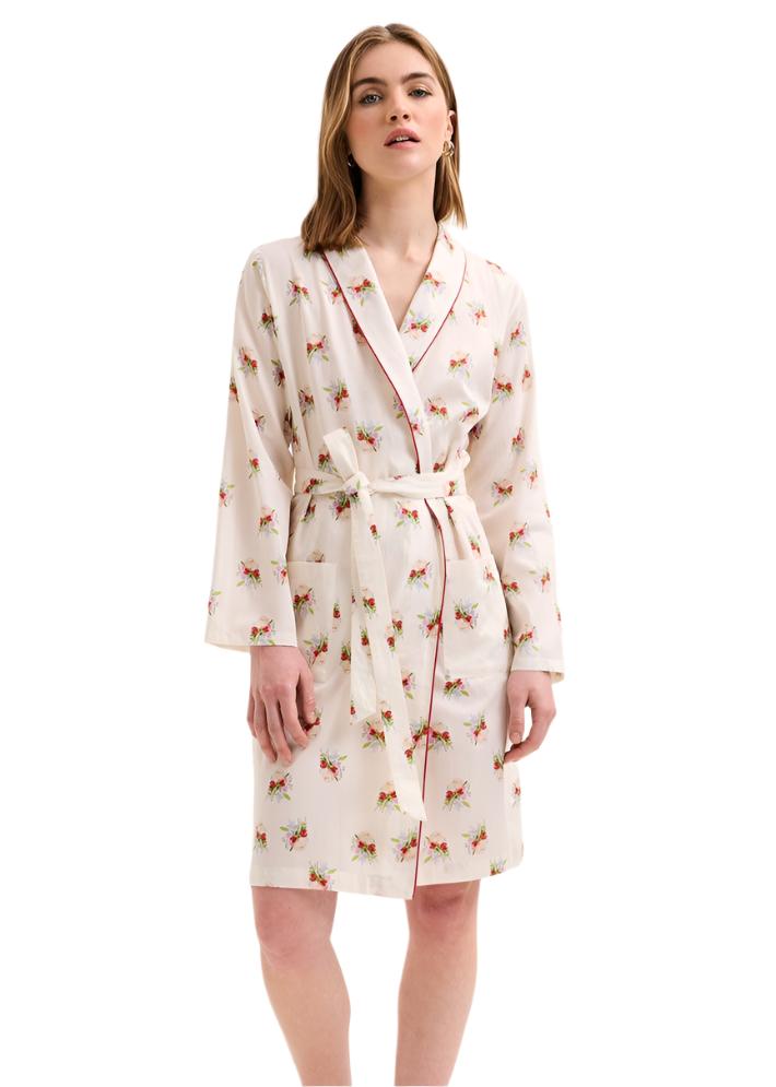 Loulou Floral Bouquet Print Cotton Sateen Kimono Robe in Lait