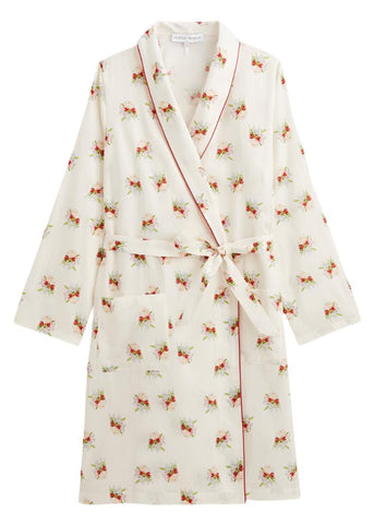 Loulou Floral Bouquet Print Cotton Sateen Kimono Robe in Lait