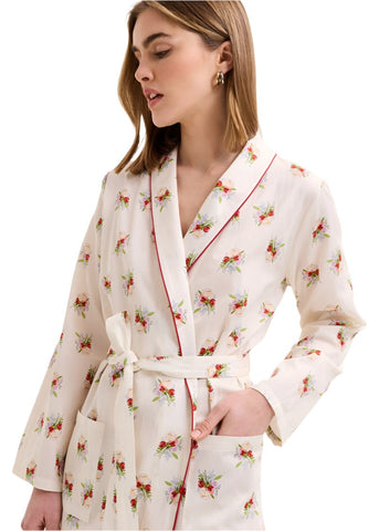 Loulou Floral Bouquet Print Cotton Sateen Kimono Robe in Lait